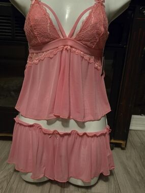 Romantic Pink Lace Babydoll Set with Flounced Skirt